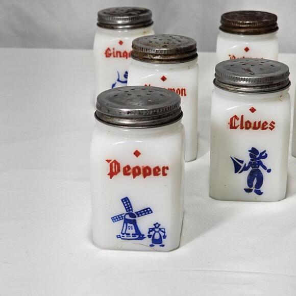 Vintage Set OF 8 Hazel Atlas Milk Glass Dutch Spice Jars Set - Picture 3 of 7
